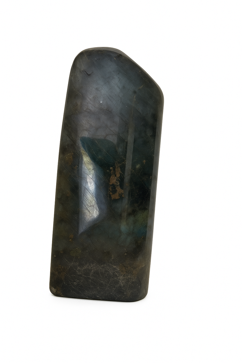 Natural labradorite standing polished specimen with blue flash