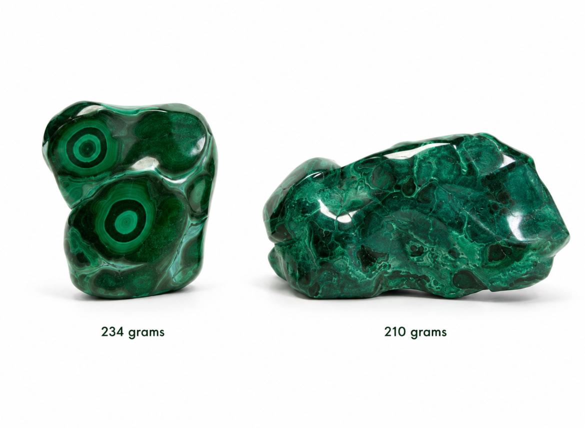 Two natural malachite specimens, 234g eye pattern and 210g polished