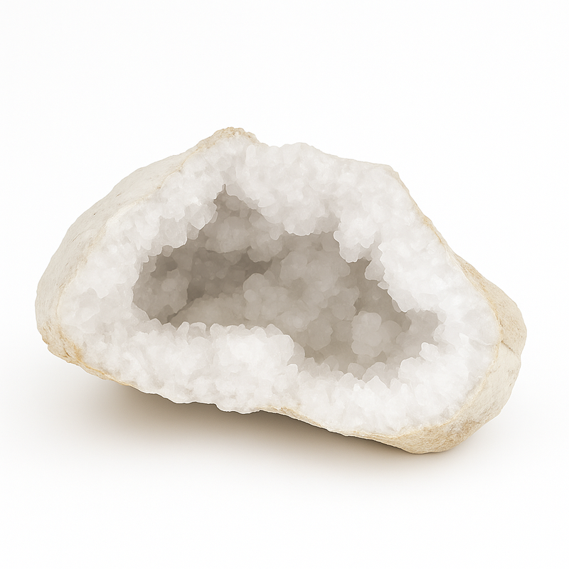 White quartz geode cave with sparkling internal crystals