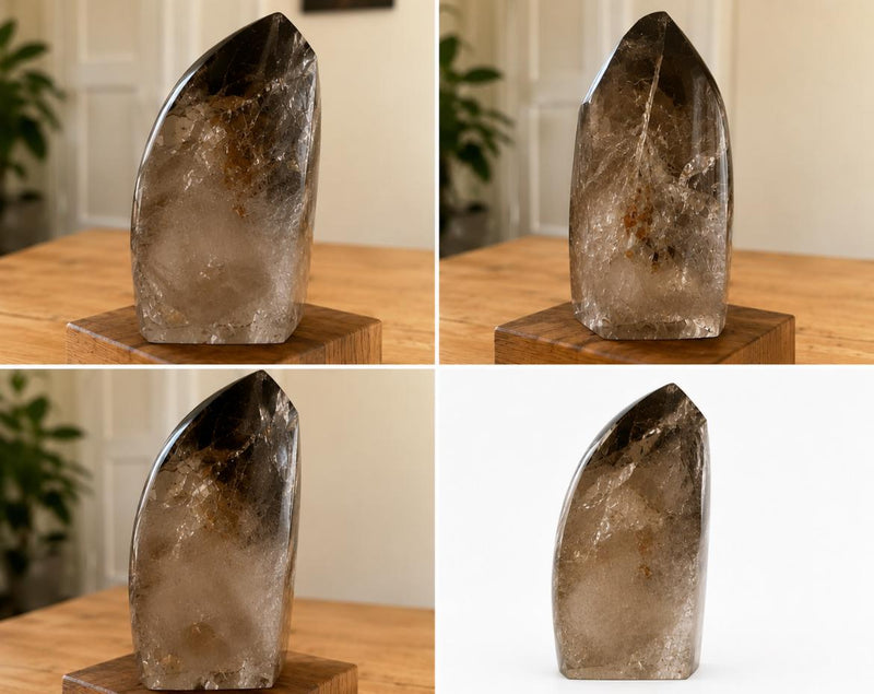 Natural smoky quartz polished standing point sculptural crystal